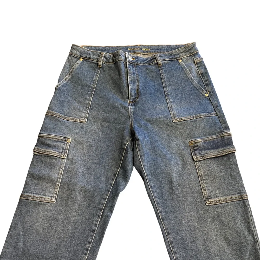 Michael Kors Wide Leg Cargo Jeans Women's 14 Blue Denim Utility Carpenter Pant‎